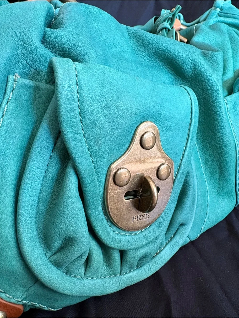 RARE Y2K Frye Turquoise Leather Ruched-Handle Shoulder Bag with Brass Hardware